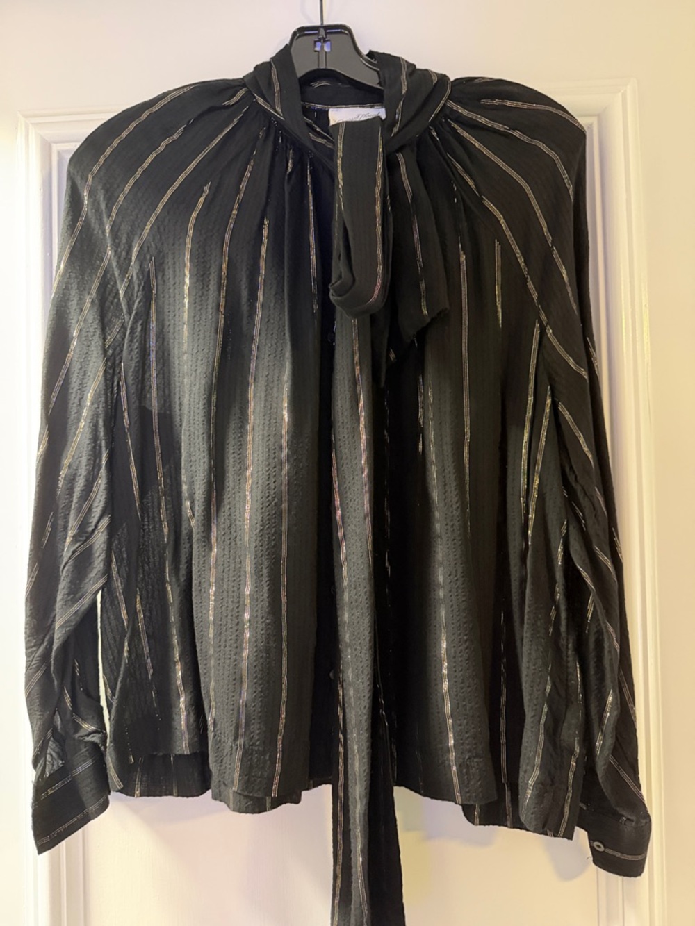Universal Thread Black Metallic-Striped Tie-Neck Blouse
